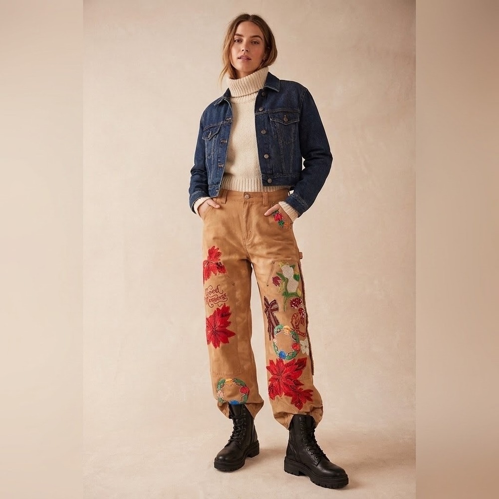 We The Free Free People Bright Time Craft Pants Embroidered Canvas Tan Brown 10